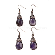 Natural Amethyst Teardrop Dangle Earrings, Red Copper Plated Brass Earrings for Women, 48x15mm(EJEW-B055-01R-21)