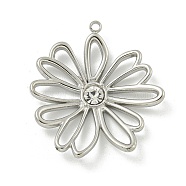 304 Stainless Steel Pendants, with Rhinestone, Hollow Flower Charm, Stainless Steel Color, Crystal, 28x26x4mm, Hole: 1.4mm(STAS-L022-436P-01)