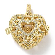 Rack Plating Brass Micro Pave Clear Cubic Zirconia Bead Cage Pendants, Hollow Heart Cage Charms for Chime Ball Pendant Necklaces Making, Long-Lasting Plated, Lead Free & Cadmium Free, Real 18K Gold Plated, 25x28x17mm, Hole: 3x6.5mm, Inner Diameter: 19x19mm(KK-L224-007G)