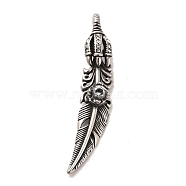 304 Stainless Steel with Crystal Rhinestone Big Pendants, Feather Charms, Antique Silver, 61x12x11mm, Hole: 4mm(STAS-M334-22AS)