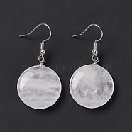Natural Quartz Crystal Flat Round Dangle Earrings, Platinum Brass Jewelry for Women, 42mm, Pin: 0.7mm(EJEW-D188-03P-02)