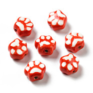 Handmade Printed Porcelain Beads, Paw Prints, Red, 13.5x15x9.5mm, Hole: 1.8mm(PORC-F005-02C)