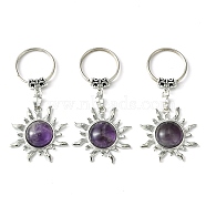 Natural Amethyst & Brass Sun Pendant Keychain, with Platinum Tone Brass Findings, for Bag Jewelry Gift Decoration, 7.5cm(G-Z033-03P-03)