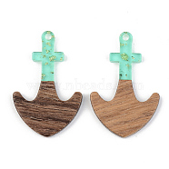 Transparent Resin & Walnut Wood Pendants, with Gold Foil, Anchor, Pale Turquoise, 38x24.5x3mm, Hole: 2mm(RESI-S389-061A-B02)