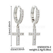 Shiny Brass Pave Cubic Zirconia Cross Hoop Earrings, Fashionable, Simple, and Trendy Women's Accessories, Silver, 26x8mm(LO7750-2)