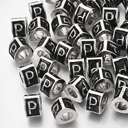 Alloy European Beads, Enamel Style, Large Hole Beads, Triangle with Letter, Platinum, Black, Letter.P, 9.5x9x6.5mm, Hole: 5mm(MPDL-S038-09P)