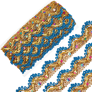 Polyester Glitter Ribbon, Ethnic Style, with Paillette/Sequin, Flat with Wavy, Marine Blue, 1-3/8 inch(33.5x2mm), about 9.30 Yards(8.5m)/Card(OCOR-WH0068-36B)