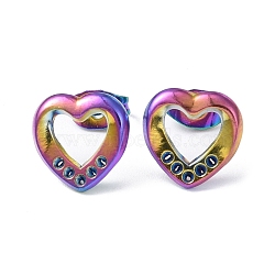 Ion Plating(IP) 304 Stainless Steel Hollow Out Heart Stud Earring Finding, Earring Settings for Rhinestone, Rainbow Color, 11x11mm, Pin: 0.8mm, Fit for 1mm Rhinestone(EJEW-I285-08MC)