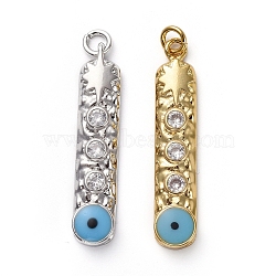 Brass Micro Pave Clear Cubic Zirconia Pendants, with Enamel and Jump Rings, Long Oval with Evil Eye, Mixed Color, 34x7x3.5mm, Hole: 3mm(KK-I658-43)