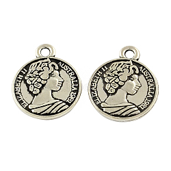 Feng Shui Tibetan Style Zinc Alloy Coin Pendants, Flat Round Carved Queen Elizabeth II, Cadmium Free & Lead Free, Antique Silver, 19.7x16x2.5mm, Hole: 2mm, about 294pcs/500g(TIBEP-Q043-168B-RS)