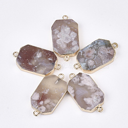 Natural Cherry Blossom Agate Links connectors, with Iron Findings, Rectangle, Golden, Light Grey, 40~42x20~22x6~7mm, Hole: 2mm(G-S344-103B)