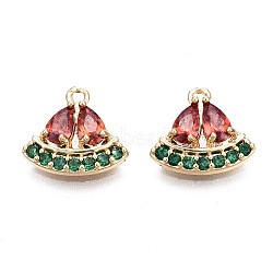 Brass Charms, with Red & Green Cubic Zirconia, Watermelon, Real 18K Gold Plated, 11x12x3mm, Hole: 1.2mm(X-KK-Q764-022)