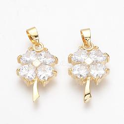 Brass Cubic Zirconia Pendants, Nickel Free, Real 18K Gold Plated, Clover, 22x14x4.5mm, Hole: 3.5x4.5mm(KK-R015-112G)