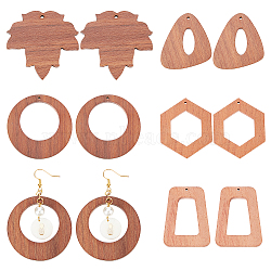 CHGCRAFT 10Pcs 5 Styles Autumn Theme Wood Pendants, for Earrings Jewelry Accessories, Undyed, Ring & Triangle & Hexagon & Trapezoid & Maple Leaf, Saddle Brown, 37~48x37~48x4mm, Hole: 1.6mm, 2pcs/style(WOOD-CA0001-53)