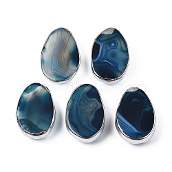 Natural Agate Slide Charms, with Brass Edge, Dyed, Oval, Platinum, 32~33.5x21~22x10~12mm, Hole: 6x2.5mm(G-S359-382)