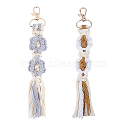 2Pcs 2 Colors Handmade Macrame Woven Cotton Flower Pendant Decorations, with Golden Tone Alloy Clasp, Mixed Color, 200~205mm, 1pc/color(HJEW-FH0001-34B)