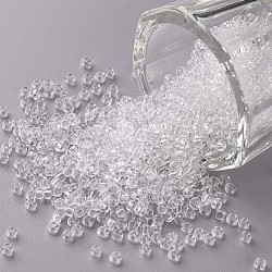 Clear 11/0 Grade A Round Transparent Glass Seed Beads, 2x1.5mm, Hole: 0.8mm, about 3300pcs/50g(X-SEED-Q006-F04)
