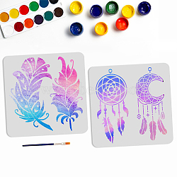 US 2Pcs 2 Styles PET Hollow Out Drawing Painting Stencils, for DIY Scrapbook, Photo Album, Flower, with 1Pc Art Paint Brushes, Woven Net/Web with Feather, 300x300mm, 1pc/style(DIY-MA0001-08A)