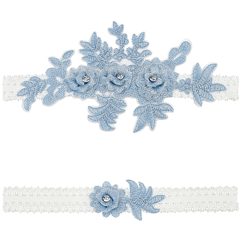 3D Flower Embroidery Polyester Lace Elastic Bridal Garters, with Acrylic Rhinestone, Wedding Garment Accessories, Light Steel Blue, 195~202x35~105mm, 2pcs/set