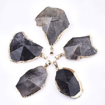 Electroplate Natural Tourmalinated Quartz/Black Rutilated Quartz Pendants, with Brass & Iron Findings, Faceted, Nugget, Golden, 30~76x20~45x10~15mm, Hole: 4.5x8mm