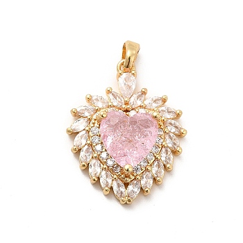 Brass Micro Pave Clear Cubic Zirconia Pendants, with Glass, Flower, Real 18K Gold Plated, Pink, 26x21x6.5mm, Hole: 4x2.5mm