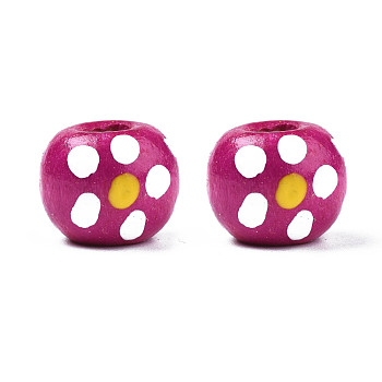 Spray Painted Natural Wood Beads, Round with Polka Dot, Medium Violet Red, 9~10.5x8~9mm, Hole: 2.5~3.5mm, about 3700pcs/1000g