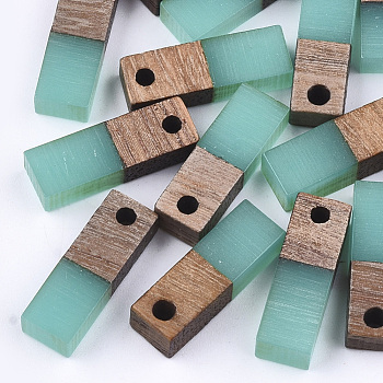 Resin & Walnut Wood Pendants, Rectangle, Medium Turquoise, 17x5.5x3~3.5mm, Hole: 1.5mm