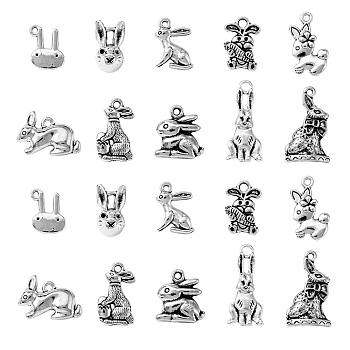 100Pcs 10 Style Tibetan Style Alloy Bunny Pendants, Cadmium Free & Lead Free, Rabbit, Antique Silver, 12~15x7.5~20x1.5~6mm, Hole: 1.4~2mm, 10pcs/style
