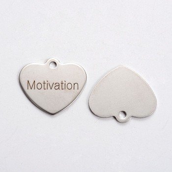 Stainless Steel Heart Pendants, with Word Motivation, Cadmium Free & Nickel Free & Lead Free, Stainless Steel Color, 21x24x1mm, Hole: 2mm