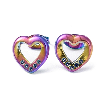 Ion Plating(IP) 304 Stainless Steel Hollow Out Heart Stud Earring Finding, Earring Settings for Rhinestone, Rainbow Color, 11x11mm, Pin: 0.8mm, Fit for 1mm Rhinestone