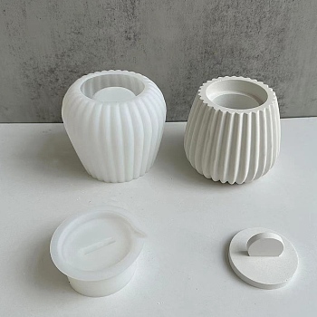 DIY Striped Round Candle Cup with Lid Silicone Molds, for Resin, Gesso, Cement Craft Making, White, 10.6x10cm