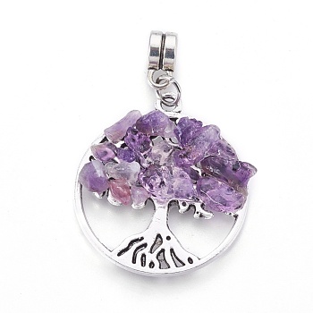 Alloy European Dangle Charms, with Natural Amethyst Chips, Flat Round with Tree, Antique Silver, 38mm, Hole: 4mm, 28x25x4~5mm