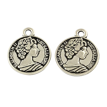 Feng Shui Tibetan Style Zinc Alloy Coin Pendants, Flat Round Carved Queen Elizabeth II, Cadmium Free & Lead Free, Antique Silver, 19.7x16x2.5mm, Hole: 2mm, about 294pcs/500g