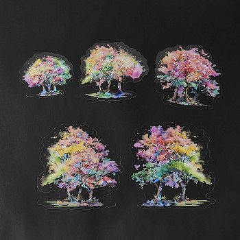 PET Tree Self Adhesive Decorative Stickers, Waterproof Glitter Decals for DIY Scrapbooking, Card Making, Colorful, 57~98x59~89x0.2mm
