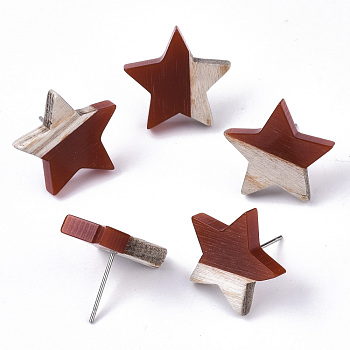 Resin & Wood Stud Earrings, with 304 Stainless Steel Pin, Star, Coconut Brown, 17x18mm, Pin: 0.7mm