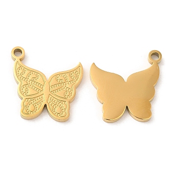 Ion Plating(IP) 316L Surgical Stainless Steel Pendants, Textured, Butterfly Charms, Real 18K Gold Plated, 16x15x2mm, Hole: 1.6mm