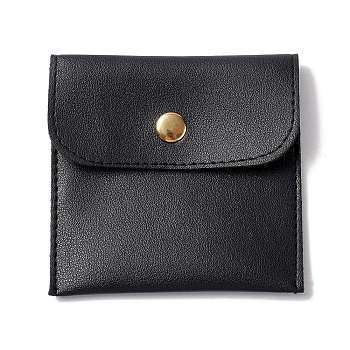 PU Imitation Leather Jewelry Storage Bags, with Golden Tone Snap Buttons, Square, Black, 7.9x8x0.75cm