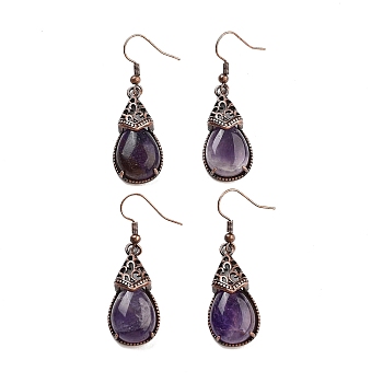 Natural Amethyst Teardrop Dangle Earrings, Red Copper Plated Brass Earrings for Women, 48x15mm