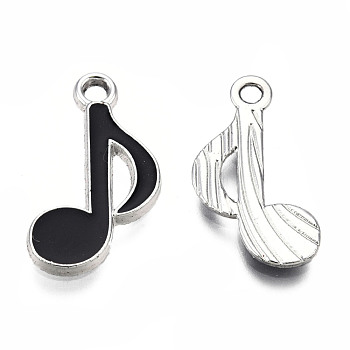 Alloy Pendants, with Enamel, Musical Note, Platinum, Black, 20x12x2mm, Hole: 1.8mm