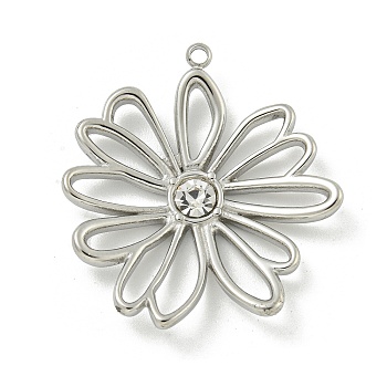 304 Stainless Steel Pendants, with Rhinestone, Hollow Flower Charm, Stainless Steel Color, Crystal, 28x26x4mm, Hole: 1.4mm