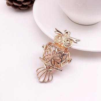 Brass Bead Cage Pendants, for Chime Ball Pendant Necklaces Making, Hollow Owl Charm, Light Gold, 60x29mm