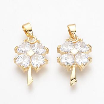 Brass Cubic Zirconia Pendants, Nickel Free, Real 18K Gold Plated, Clover, 22x14x4.5mm, Hole: 3.5x4.5mm