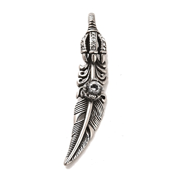 304 Stainless Steel with Crystal Rhinestone Big Pendants, Feather Charms, Antique Silver, 61x12x11mm, Hole: 4mm