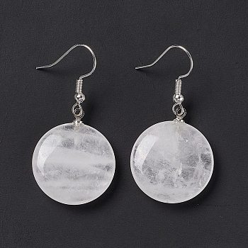 Natural Quartz Crystal Flat Round Dangle Earrings, Platinum Brass Jewelry for Women, 42mm, Pin: 0.7mm