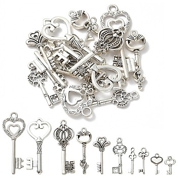 20Pcs 10 Style Tibetan Style Alloy Pendants, Skeleton Key Pendants, Antique Silver, 15.5~50x7~19x1~5mm, Hole: 1~4mm, 2pcs/style