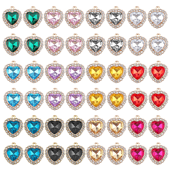 Nbeads 48Pcs 12 Color Alloy Rhinestone Charms, Heart, Light Gold, Mixed Color, 18x16x5mm, Hole: 1.4mm, 4pcs/color