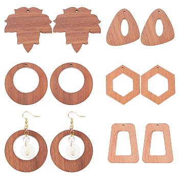 CHGCRAFT 10Pcs 5 Styles Autumn Theme Wood Pendants, for Earrings Jewelry Accessories, Undyed, Ring & Triangle & Hexagon & Trapezoid & Maple Leaf, Saddle Brown, 37~48x37~48x4mm, Hole: 1.6mm, 2pcs/style