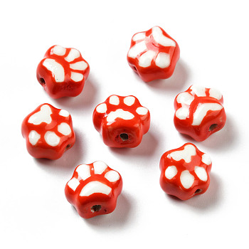 Handmade Printed Porcelain Beads, Paw Prints, Red, 13.5x15x9.5mm, Hole: 1.8mm