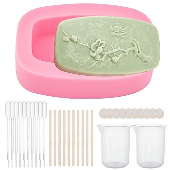 DIY Plum Blossom Branch Silicone Fondant Molds Kits, with Birch Wooden Craft Ice Cream Sticks and Plastic Transfer Pipettes, Latex Finger Cots, Plastic Measuring Cup, Hot Pink, 105x75x37mm, 1pc