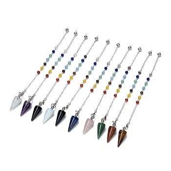 Natural & Synthetic Gemstone Cone Dowsing Pendulums, with Mixed Stone and Platinum Brass Findings, 250~260mm